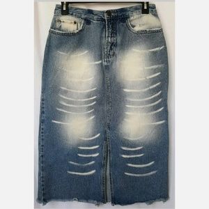 Distressed frayed denim pencil skirt